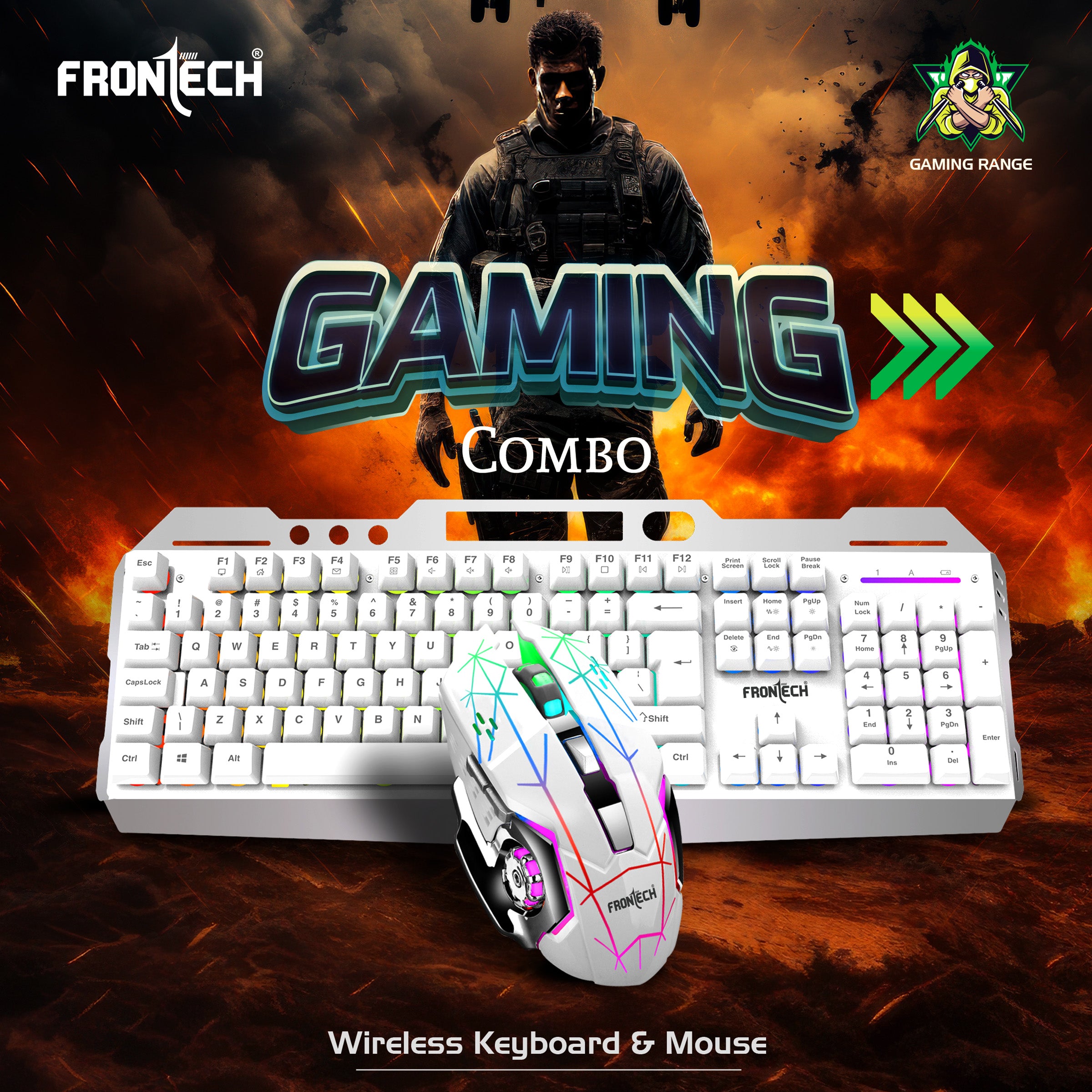 Frontech Wireless Gaming Keyboard & Mouse Combo | Rainbow Backlit | 2.4GHz | 4800 DPI | Rechargeable | Type-C | 104 keys | Windows/Mac/Android/iOS Compatible (KB-0025W) Frontech Wireless Gaming Keyboard & Mouse Combo | Rainbow Backlit | 2.4GHz | 4800 DPI | Rechargeable | Type-C | 104 keys | Windows/Mac/Android/iOS Compatible (KB-0025W)